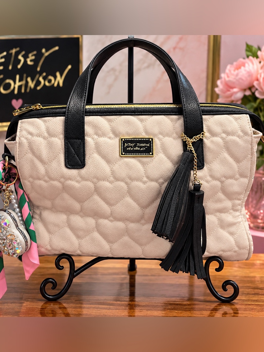 Betsey Johnson Cream Quilted Heart Satchel  with scarf & Tassel, Butterfly charm